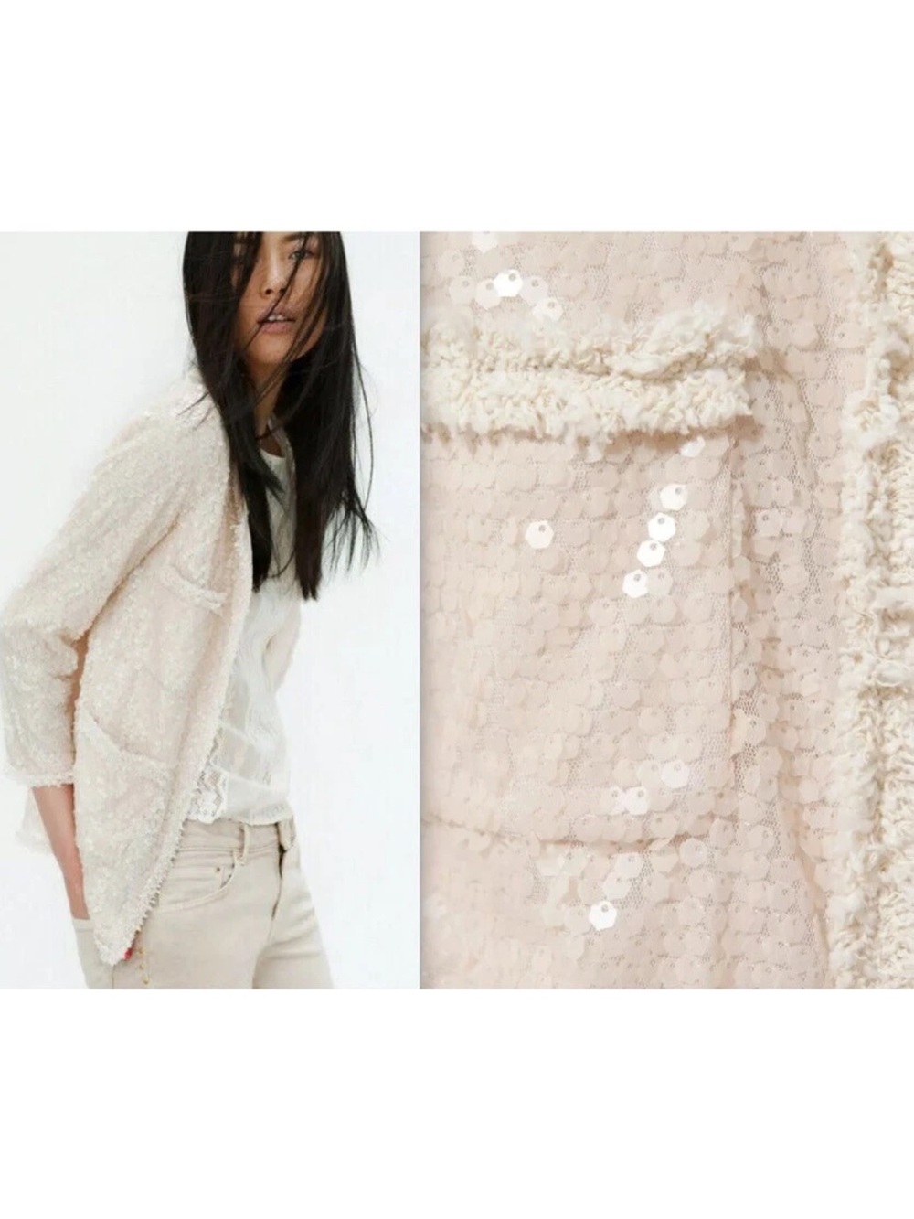 Zara Woman Cream Open Front Sequin Bouclé Blazer Jacket Size S